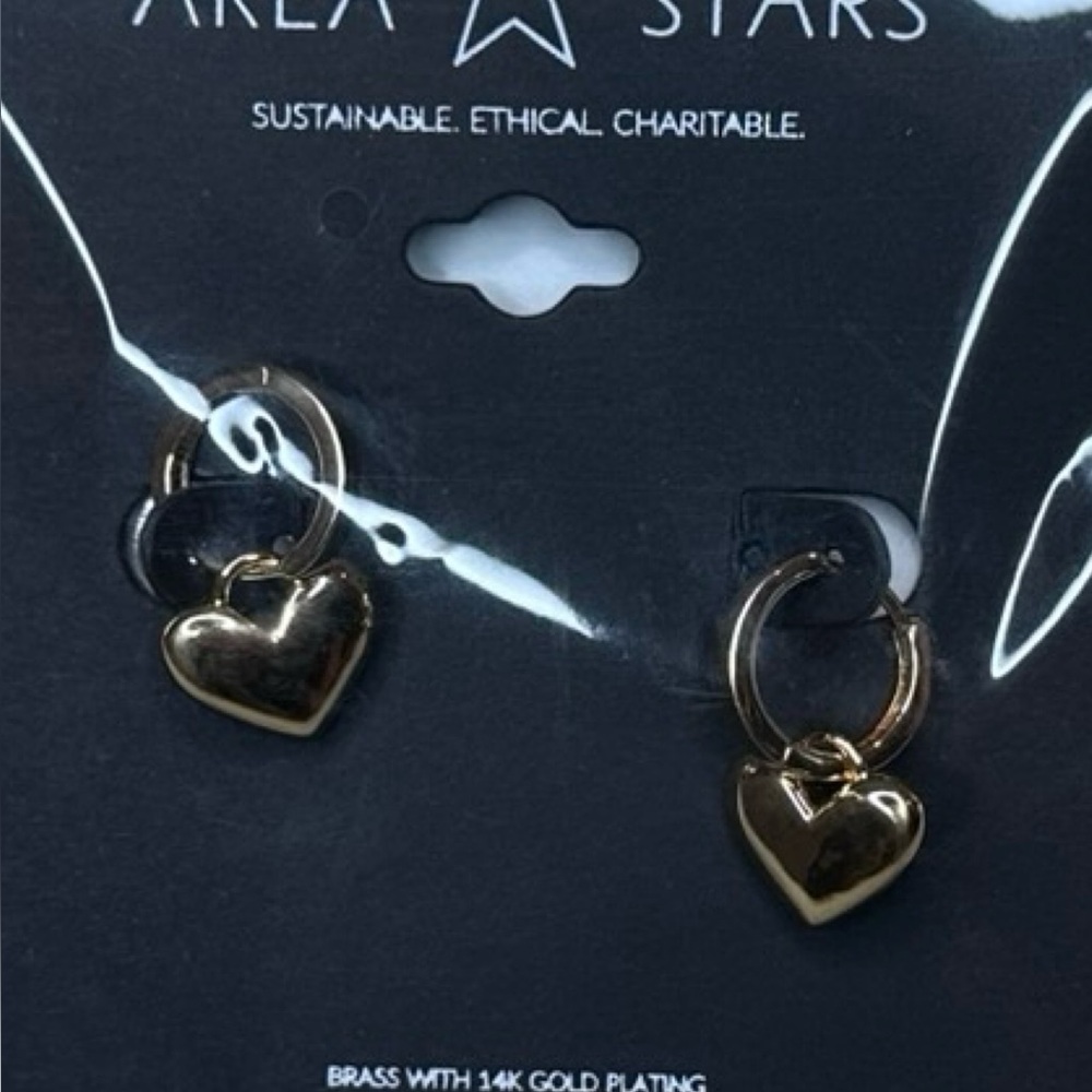 14k gold plated heart Huggie drop hoop Earrings by Area Stars - detachable heart - Picture 3 of 5